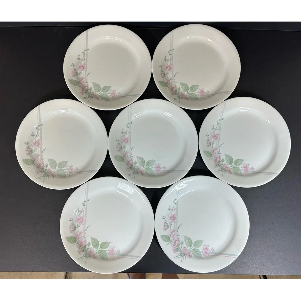 Corning Corelle Veranda Plates Lunch/Salad 7.25" Pink Flowers Vtg 80-90s Set 7